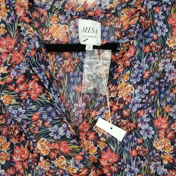 MISA Los Angeles Dress Womens Small Navy Floral Ruffle Long Sleeve Boho Mini USA - Picture 3 of 14